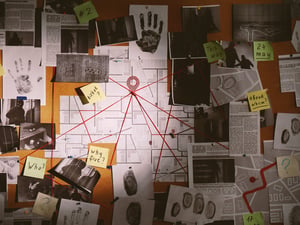 Detective Board with Fingerprints Photos Map and Clues Connect