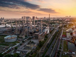Aerial view oil refinery at sunset