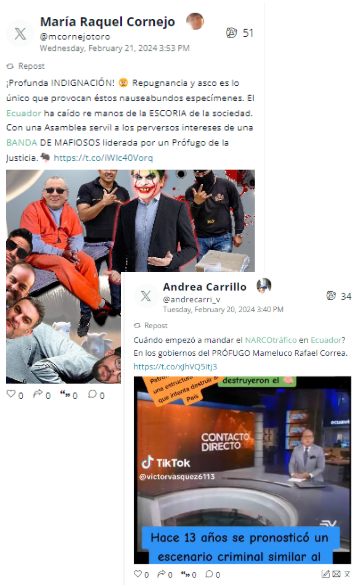 Screenshots of social media posts from Ecuadorian public figures expressing outrage over organized crime and political corruption, reflecting public sentiment and distrust toward government institutions.