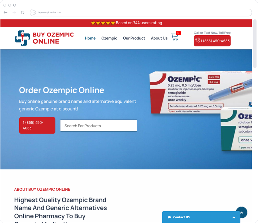 Screenshot of a website advertising the sale of Ozempic and its generic alternatives -illustrating the appearance of an online pharmacy.